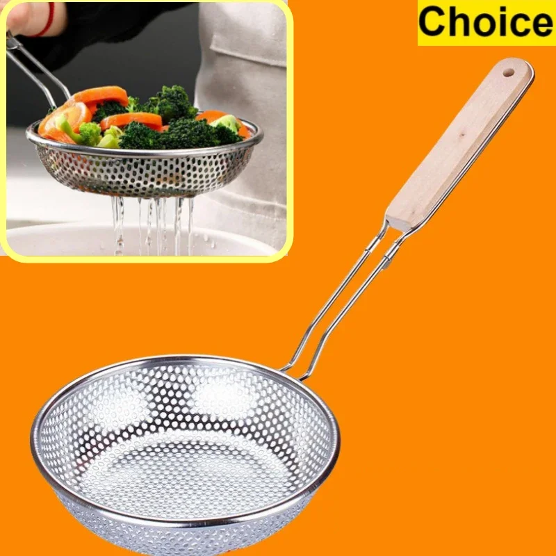 Wooden Handle Stainless Steel Small Colander Fine Mesh Oil Strainer Multi-function Filter Mesh Flour Sifter Kitchen Baking Tools