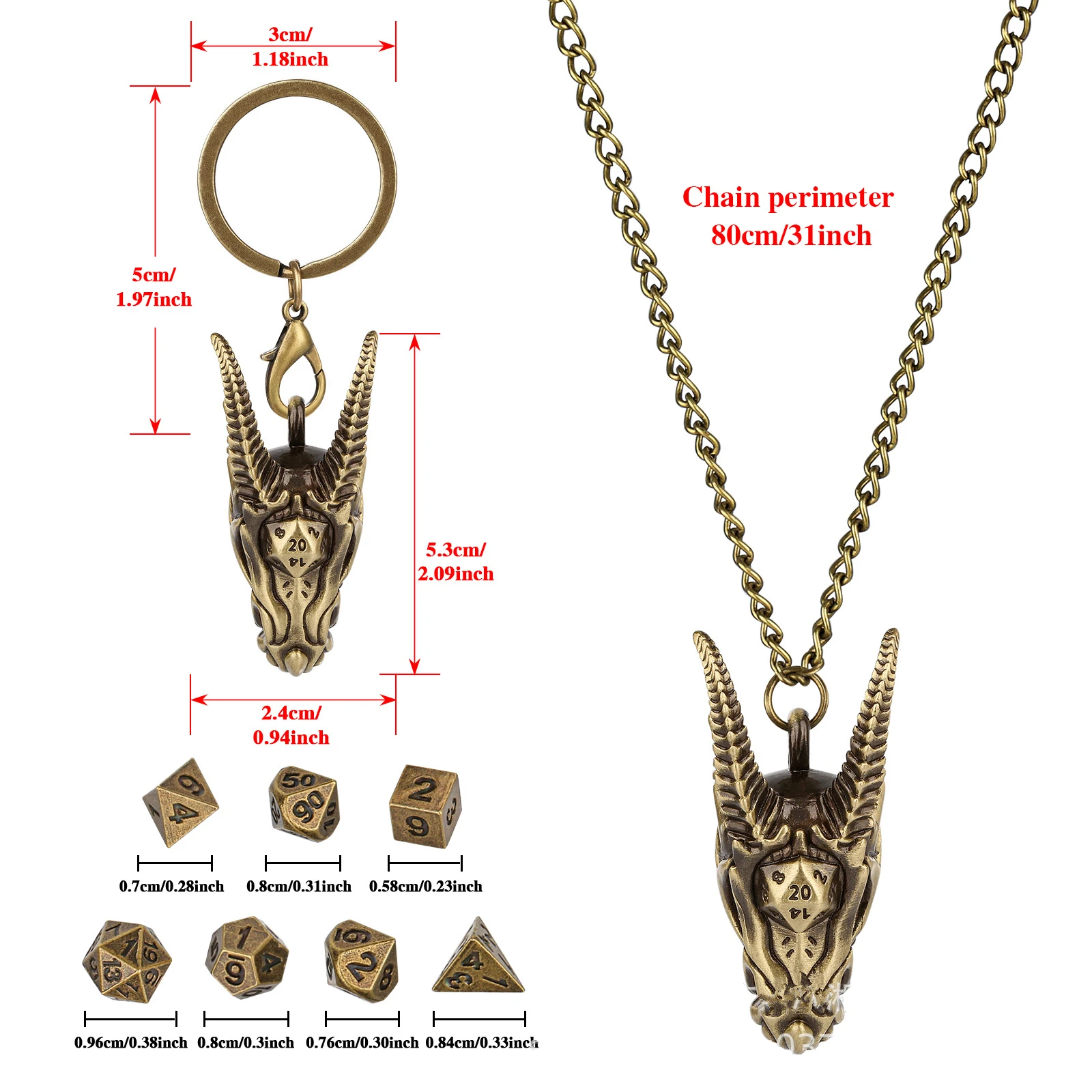 7 Pcs Mini Polyhedral Dice Set Antique Bronze Dragon Head Pendant Dice Holder Necklace With Keychain For RPG Tabletop Games