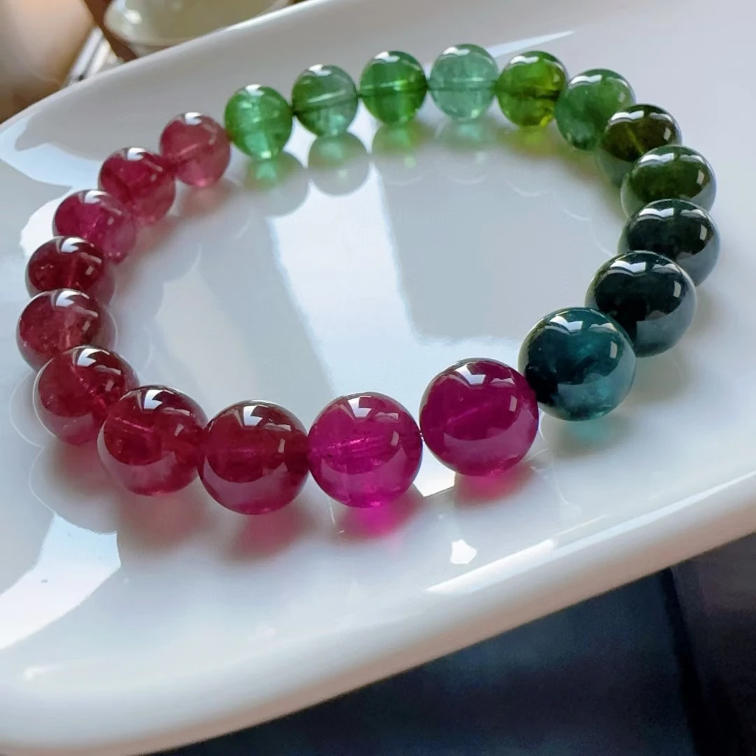 Natural Colorful Tourmaline Clear Round Beads Bracelet 9.3mm Rare Red Green Tourmaline Women Men Jewelry AAAAAAA