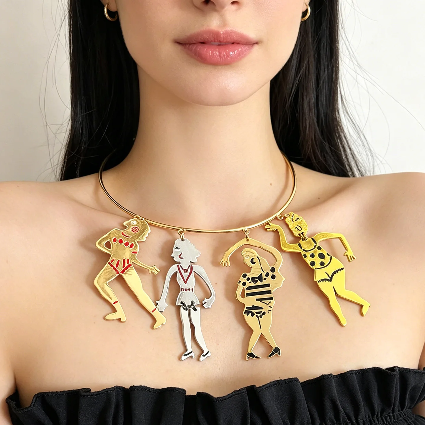 Spanish niche design abstract dancing villain collar female exaggerated retro style portrait thin metal short necklace