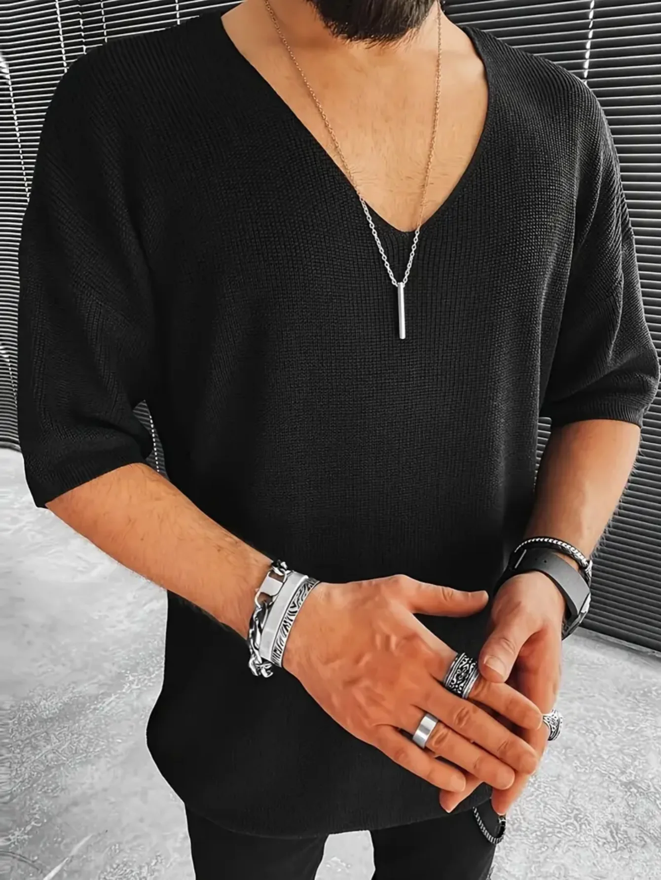 Summer Men's New Style Loose Short-Sleeved T-Shirt, Lightweight, V-Neck, Solid Color, Versatile and Comfortable Knitted Hooded T