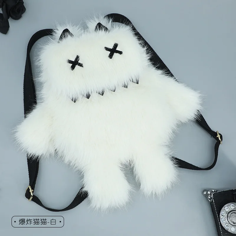 Subculture Gothic Lolita Y2K Girl Dark Fashion School Bag Teenager Cute Plush Little Monster Black White Handbag Bag
