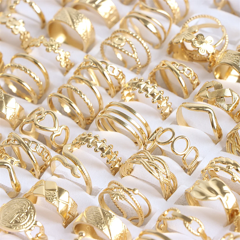 20pcs/lot Fashion Simple Stainless Steel Open Silver Gold Color Ring Jewelry For Women Men Mix Style