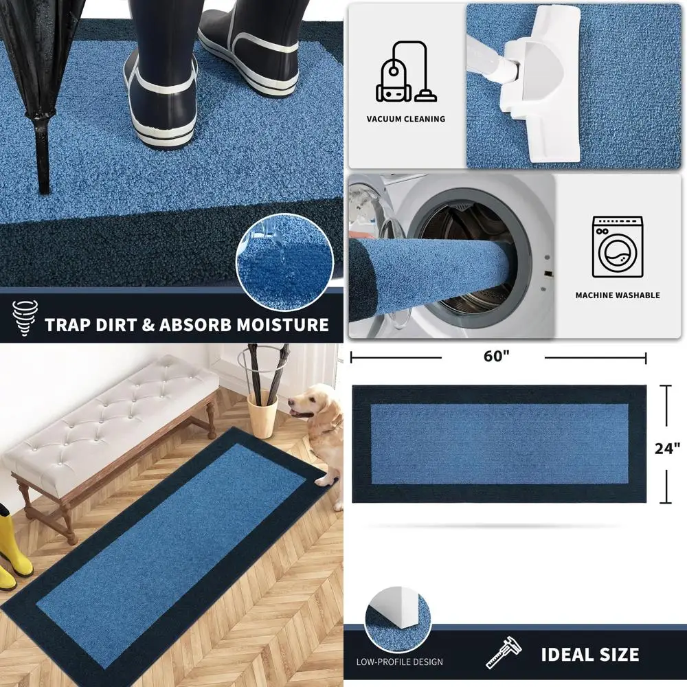 

24x60 Large Anti-Slip Door Mat, Washable Entry Rug, Shoe Scraper, Super Absorbent for Wet & Muddy Shoes, Light Blue & Navy