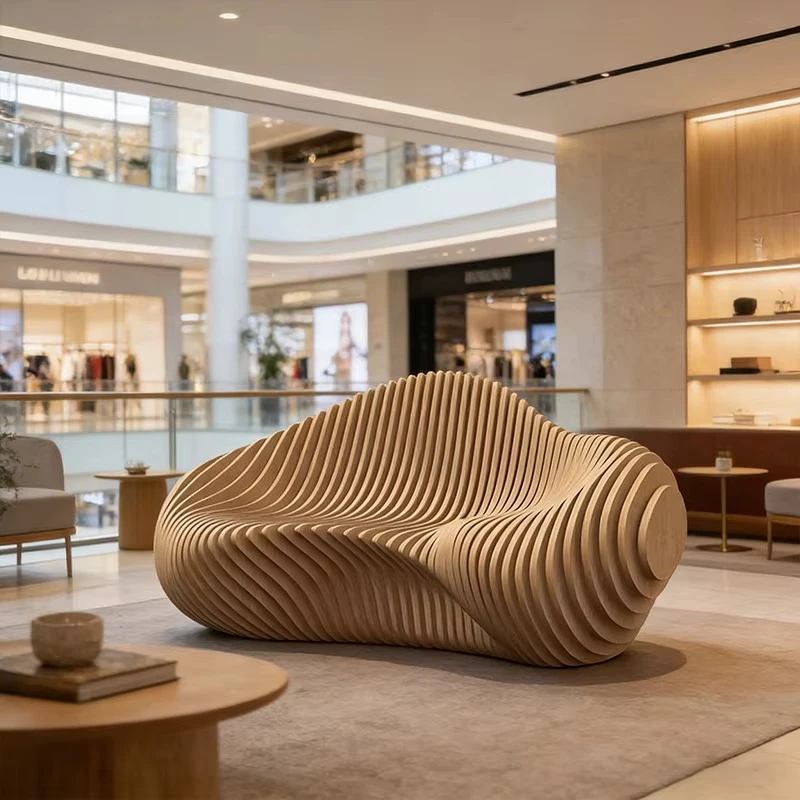 Custom Modern Outdoor Wooden Public Area Seat Durable Parametric Sold Wood Bench for Villa Garden Vacation Resort Hotel Decor
