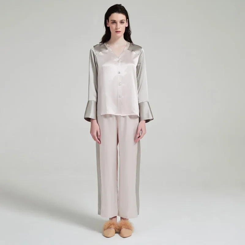 100% Mulberry Silk Women Pajamas Set V Neck Color Block Long Sleeve Top Wide Leg Pants 2PCS Luxury Sleepwear Summer Loungewear