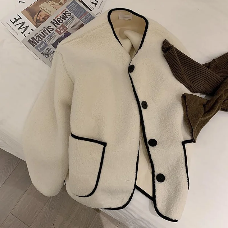 Deeptown Teddy Jacket Women Vintage Button Cropped Jackets Thick Coats Oversized Preppy Korean Style All-match Chic Warm Fashion