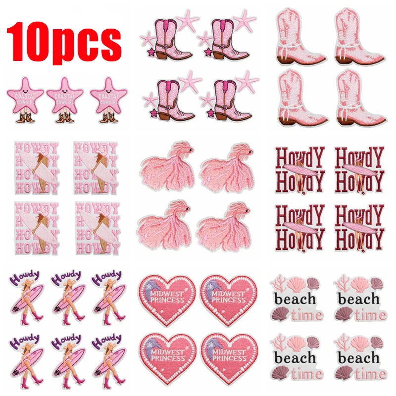 10pcs Cartoon Pink Theme Embroidery Patches Crab Turtle Dolphin Embroidered Badges Iron On Patches For Hats Jackets Sew Stickers