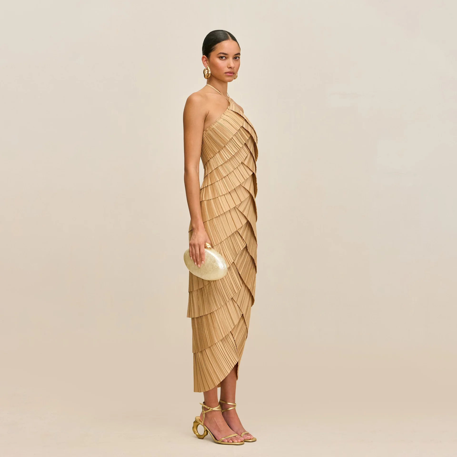 2025 nova luz azul halter pescoço sem mangas sem costas plissado em camadas vestido de noite feminino fino ajuste vestido longo