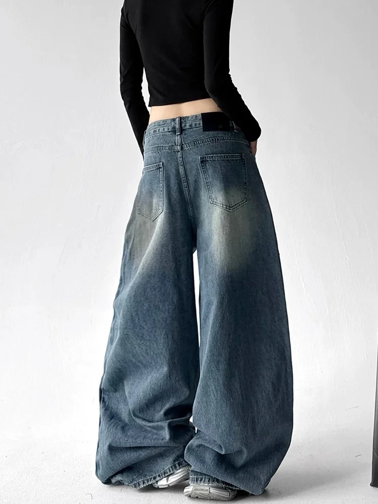 2025 American Retro Y2K Fashion Old Blue Rivet Baggy Women's Jeans Pants Wide Leg Woman Clothing Streetwear Dance Denim Trousers