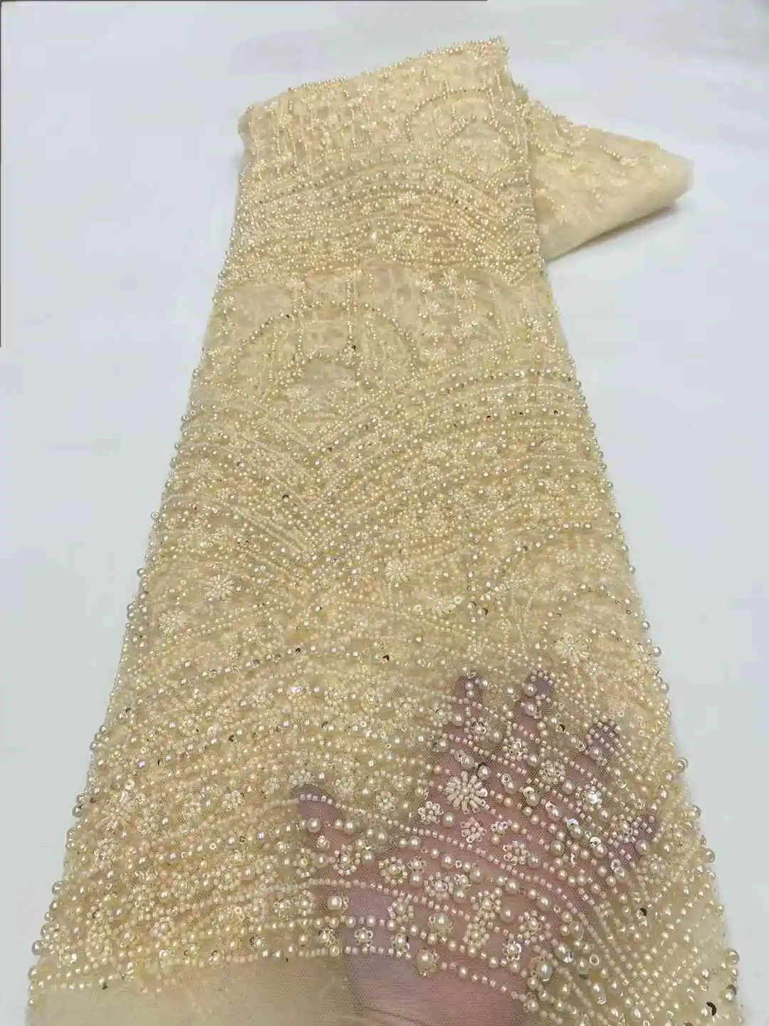 Beautiful Nigerian Sequins Party Lace African Beads Lace Fabric 2025 High Quality 5 Yards African French Tulle Net Lace Fabric