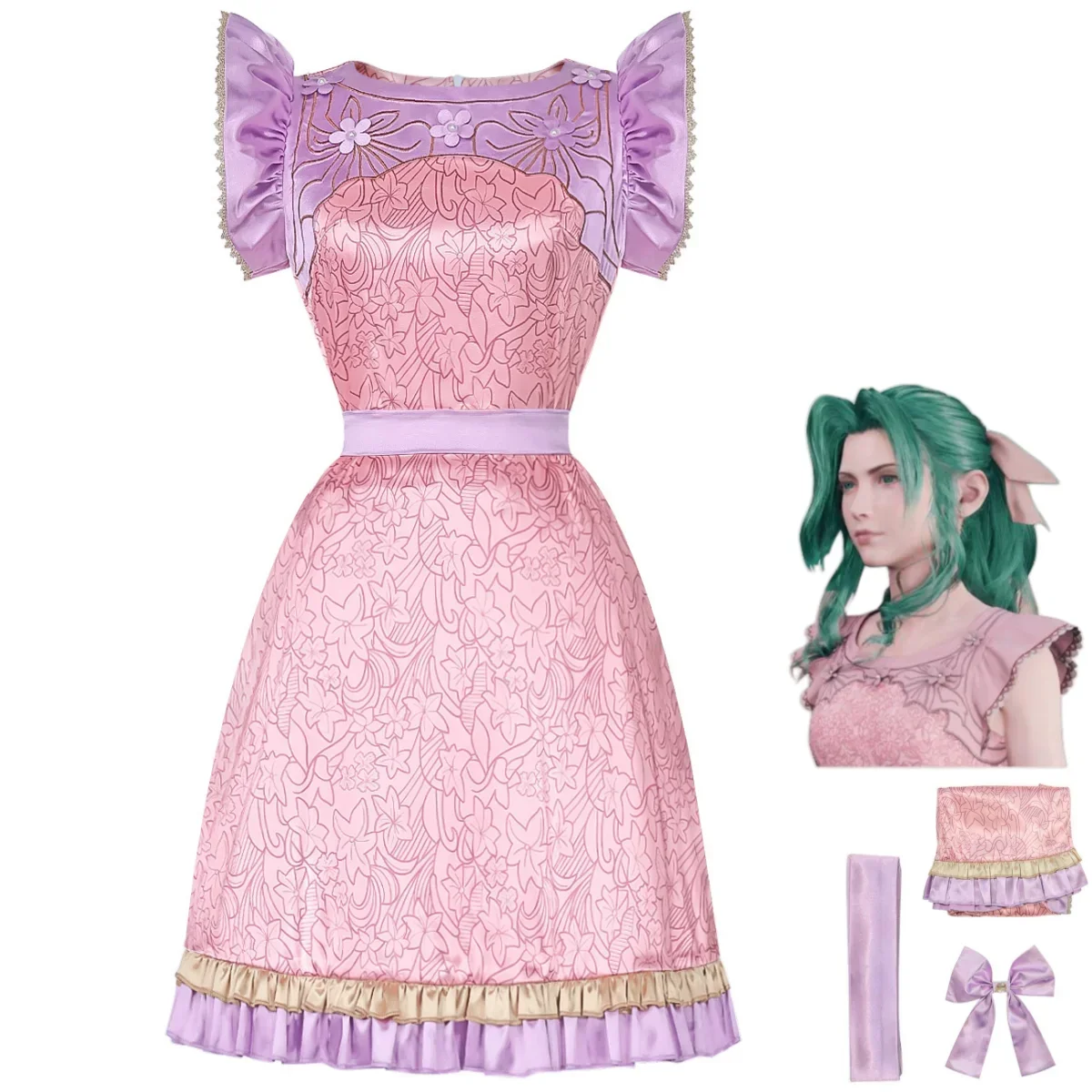 Anime Game Final Fantasy VII Remake Aerith Gainsborough Cosplay Costume Pink Sleeveless Dress Woman Modify Lovely Christmas Suit