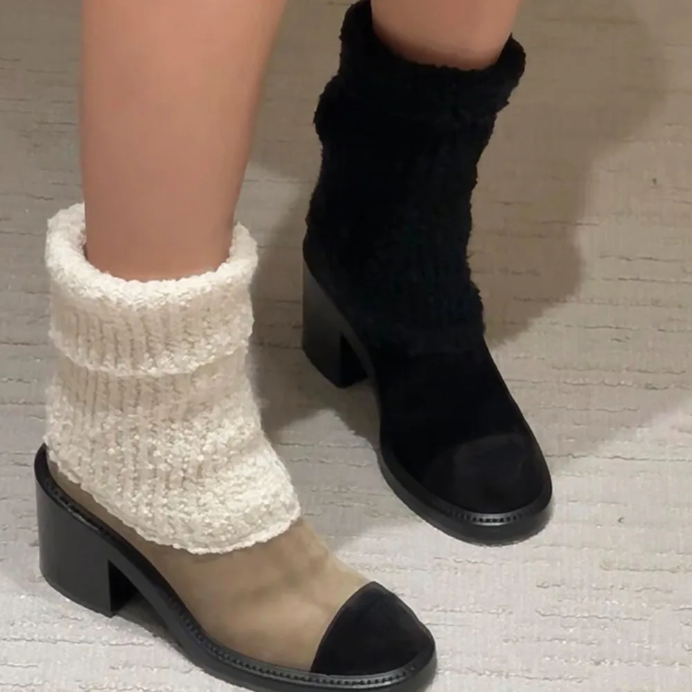 NIGO Women's Autumn Winter Knitting Splicing Suede Shoes Black White Fashionable Vintage Simple Versatile Short Boots #NGSH1348