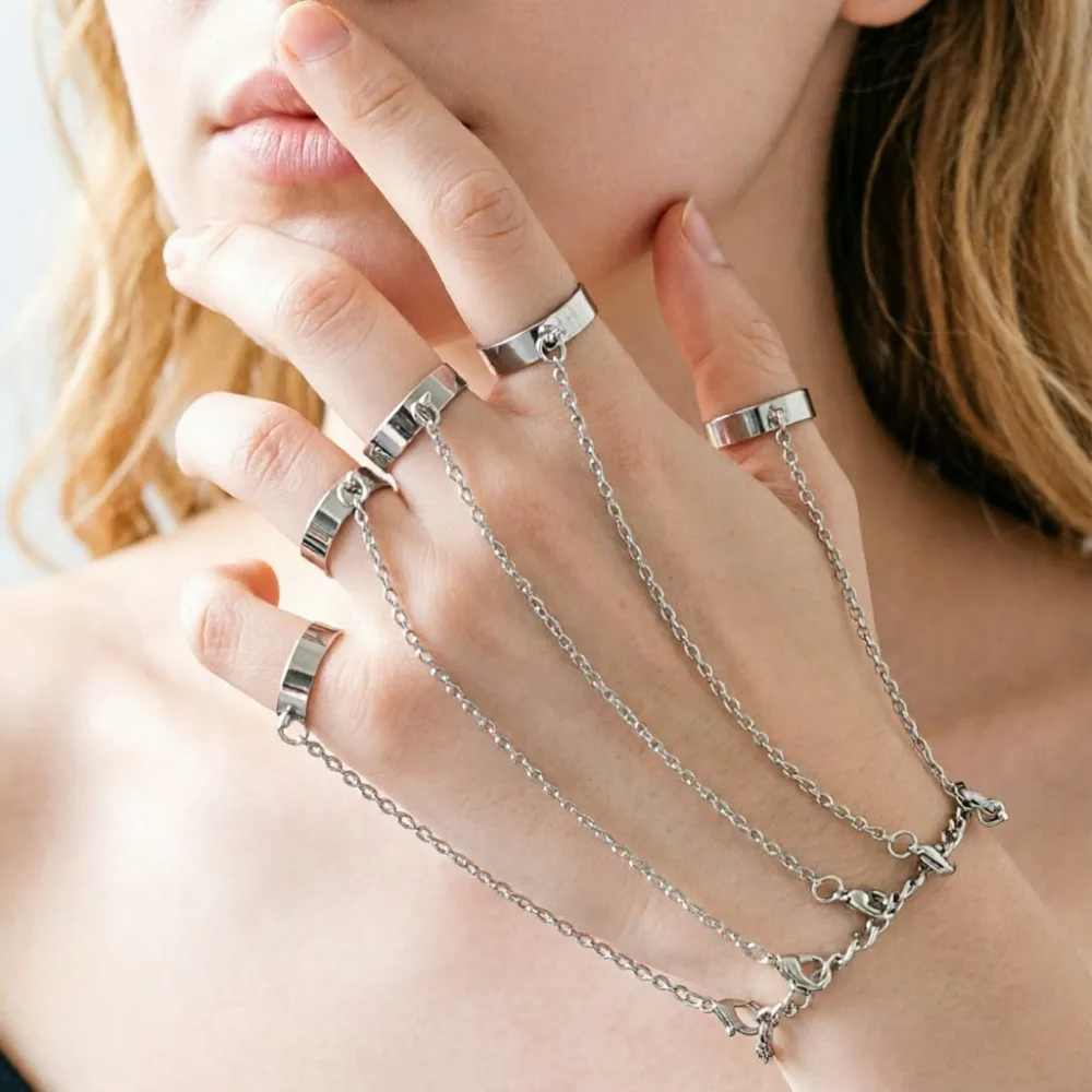 New Ins Style Hiphop Punk Silver Color Ring & Bracelet Combo Five Finger Connected Mitten Rings for Women Daily Wear Or Party