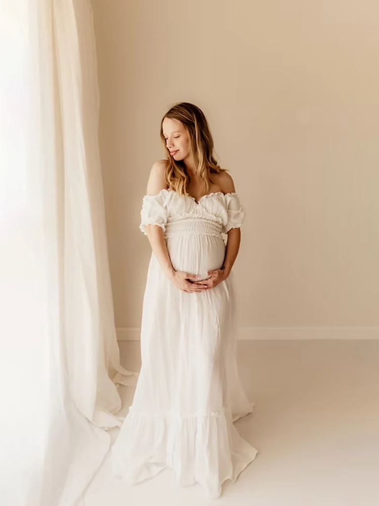 Boho Off Shoulder Maternity Dress Photoshoot Linen Maxi Gown Rustic Forest Style Pregnancy Outfit Baby Shower Bump Friendly
