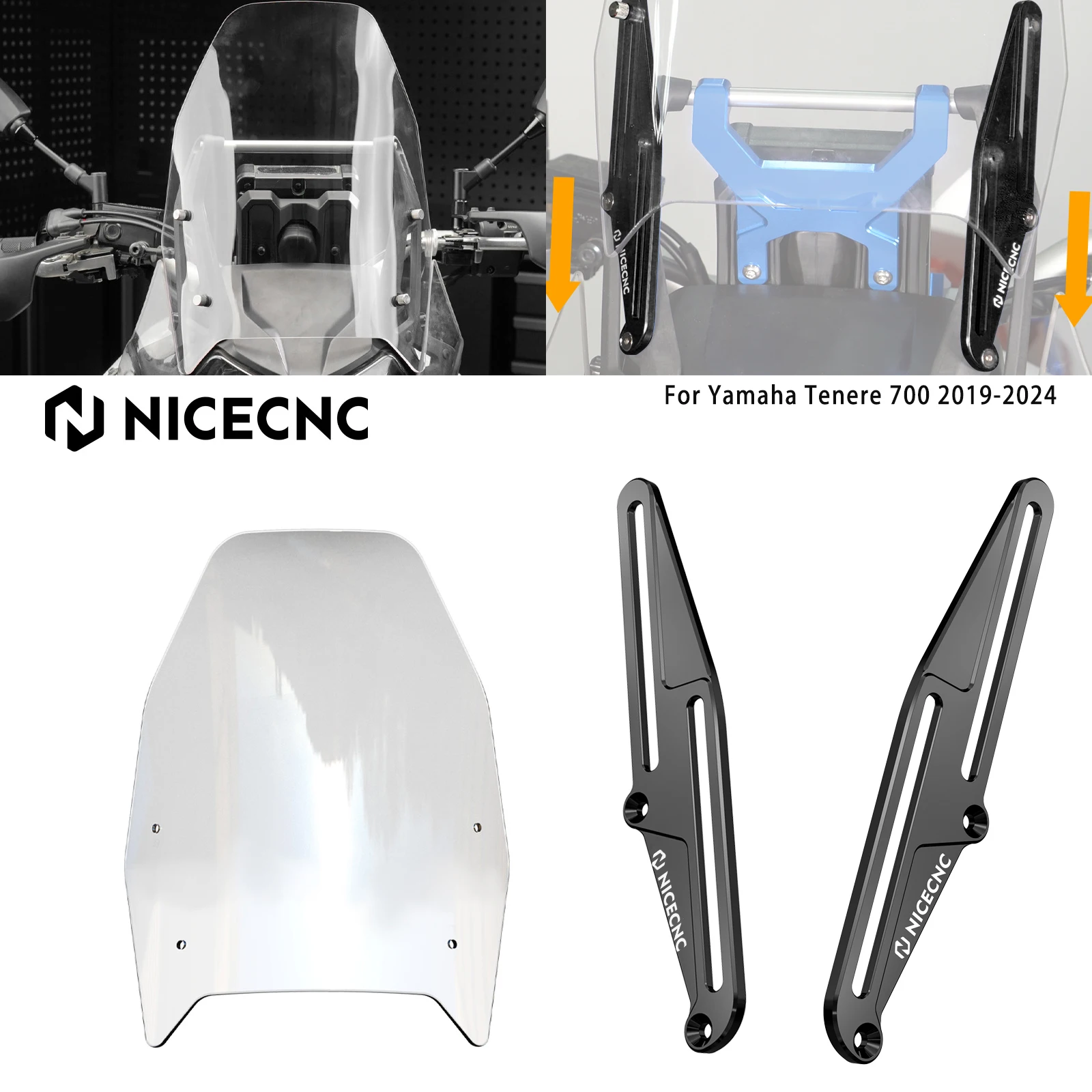 

NICECNC Windshield Windscreen Windscreen Adjusters Windshield Bracket For Yamaha Tenere 700 2019-2024 2023 Tenere 700 XTZ700