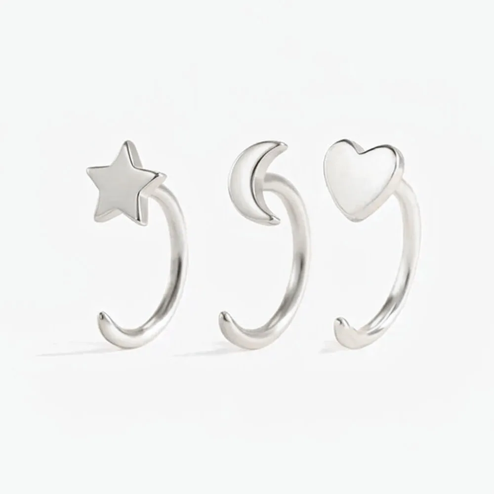 3Pcs Half-Circle Earless Hook Earring Nose Ring with Star Moon Sun Style, Backless Hoop Unisex Ear Nose Lip Piercing Jewelry