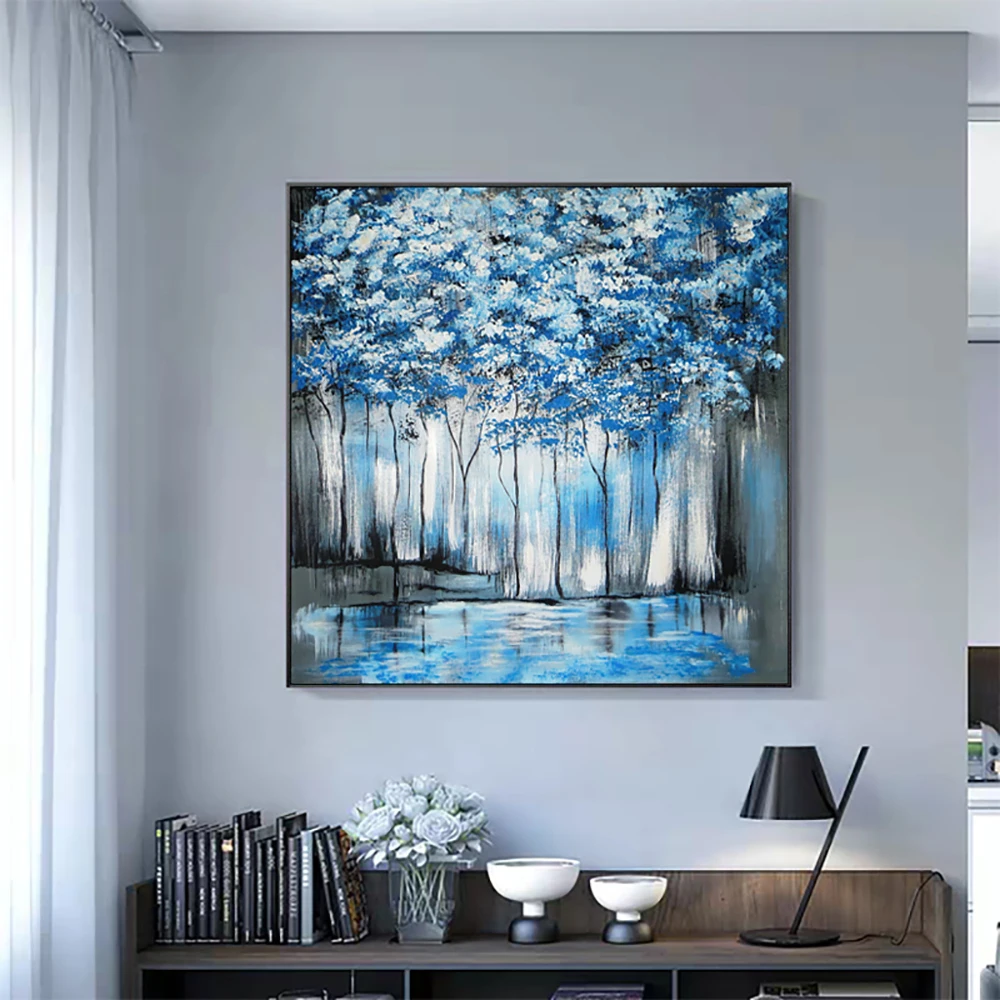 

Pure Hand-Painted Oil Painting Blue Forest Nordic Abstract Decorative Painting Living Room Porch Canvas Art Atmospheric Mural