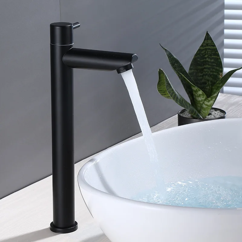 Bathroom Basin Faucet Matte Black Modern 304 Stainless Steel Waterfall Tall Sink Lavatory Vessel Tap Single Lever Cold Water Tap