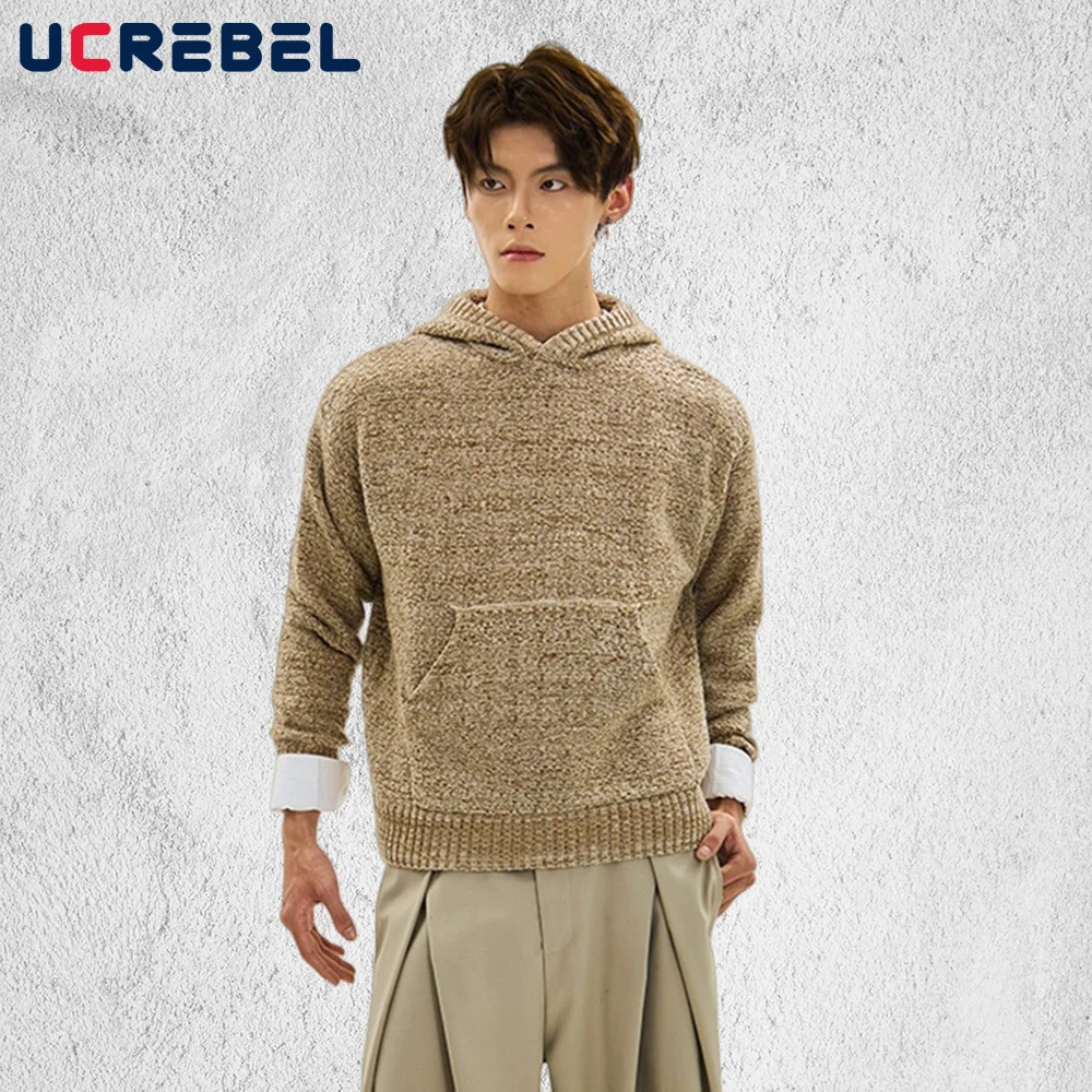 

Ретро карманный вязаный свитер с капюшоном, мужская осенне-зимняя уличная одежда, свободный мужской пуловер с длинными рукавами