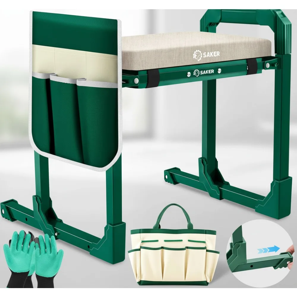 

Foldable Garden Kneeler Seat with Adjustable Legs, Thickened Pad & Tool Bag - Support for Elderly Gardening Outdoor Use