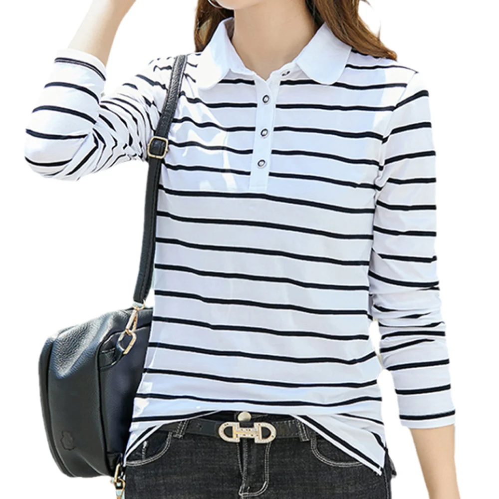 Flip collar striped t-shirt for women\'s spring and autumn new fashionable long sleeved polo shirt for women\'s pure cotton shirt