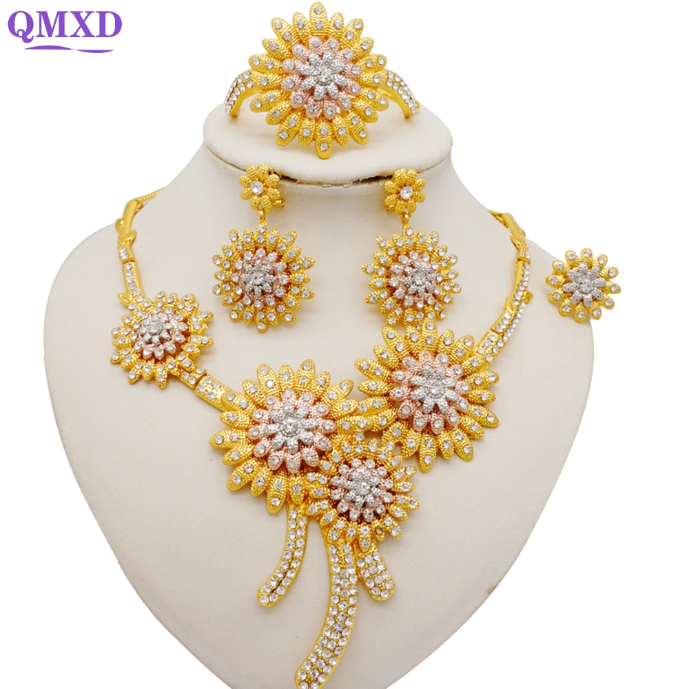 

Luxury Crystal Dubai Gold Color Jewelry Sets Necklace & Earring Set For African Nigeria Jewelry Set Ethiopia Bridal Gifts