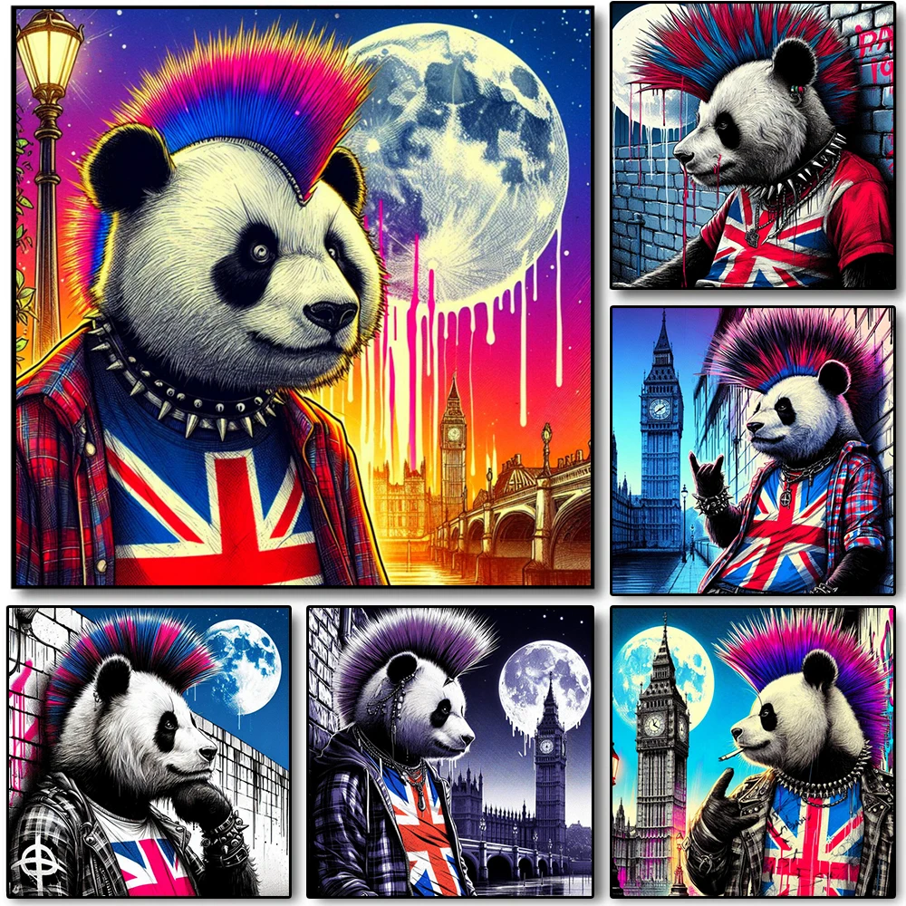 British Punk Pop Panda Aesthetic Posters Prints Big Ben Famous Building Background Canvas Painting Modern Living Room Home Decor