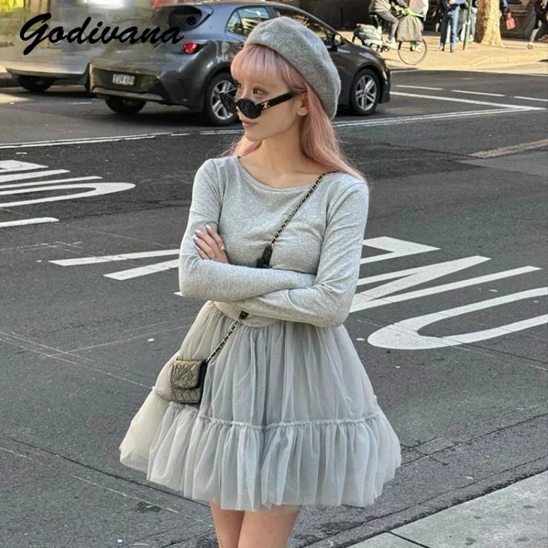 日本の新しいチュールステッチ長袖 Tシャツドレス女性のバレエスタイル甘いハイウエストカジュアルメッシュショートドレス