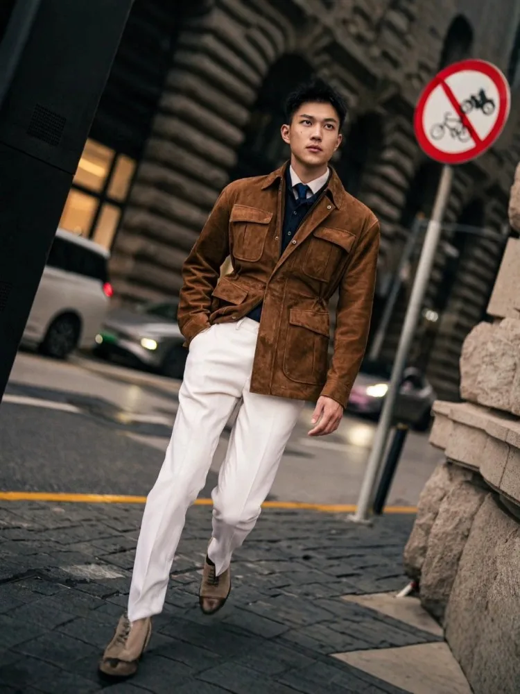 Business Men Autumn Winter 100% Suede Leather Work Jacket Vintage Natural Leather Coat Slim Fit Multi Pockets Outerwear Jackets