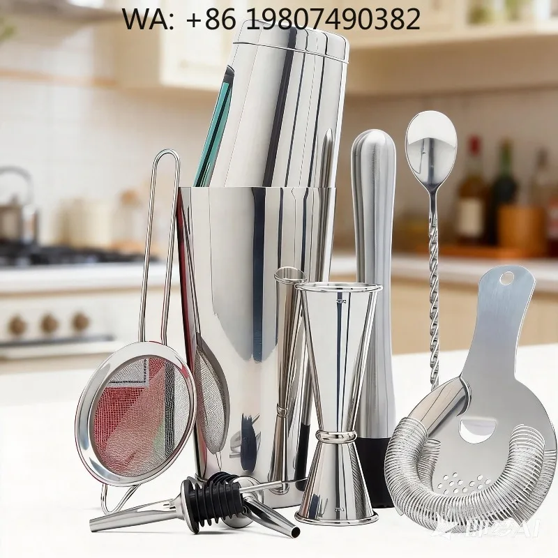 9-Piece Stainless Steel Bar Mixing Collection, Boston Cocktail Shaker Full Bartender Tools Wine Muddler, Universal Home Bar Acce