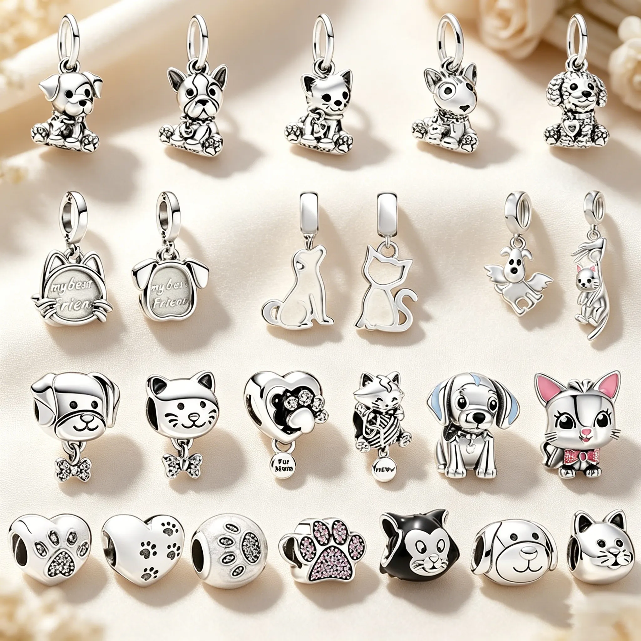 

Hot Heart Pet Cat Dog Paw Charm Beads Pendant fit Original Snake Silver Bracelet Necklace Beads for Diy Jewelry Women Gift
