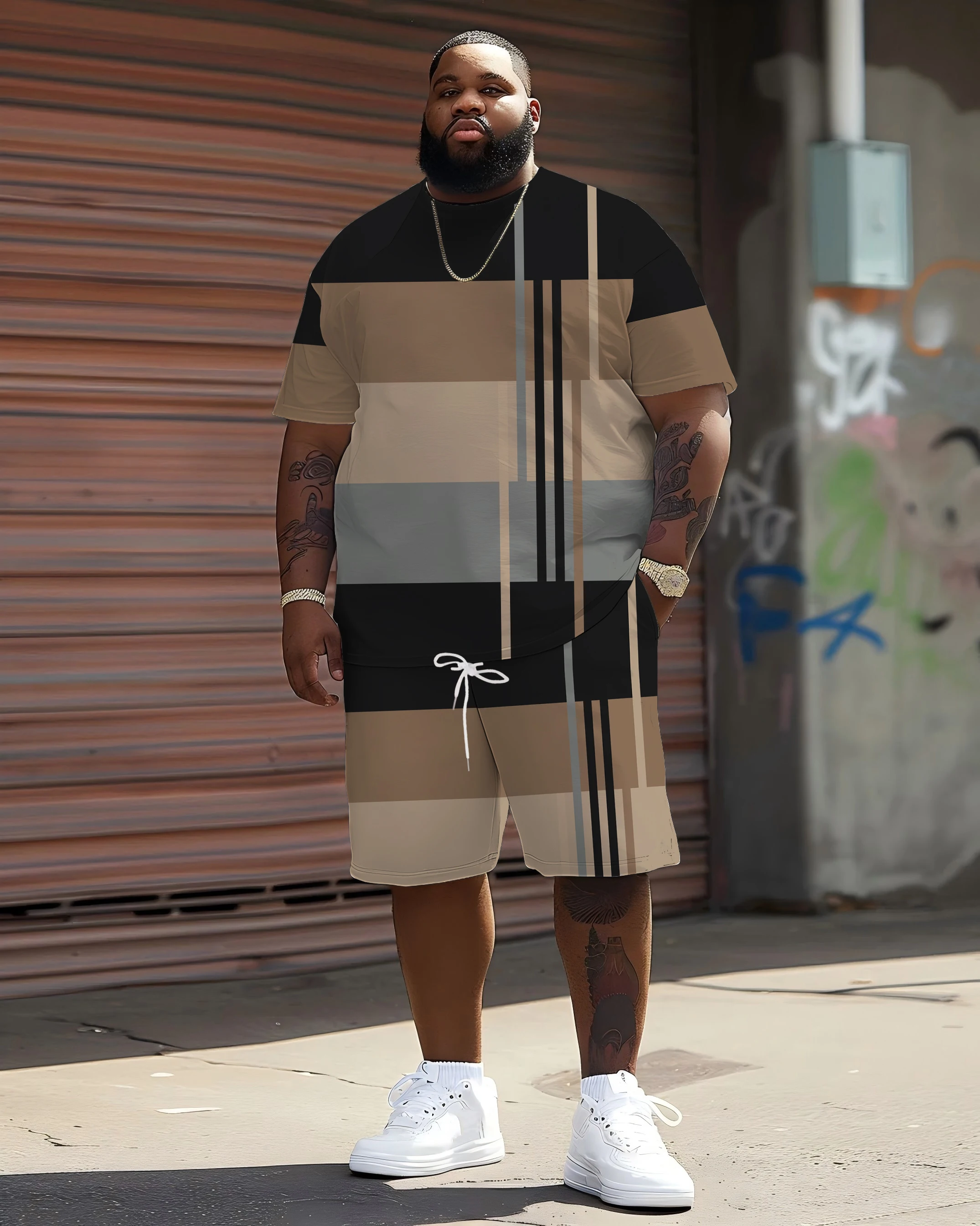 

The best-selling oversized fashion design checkered striped pattern contrasting color men's short-sleeved T-shirt and shorts set