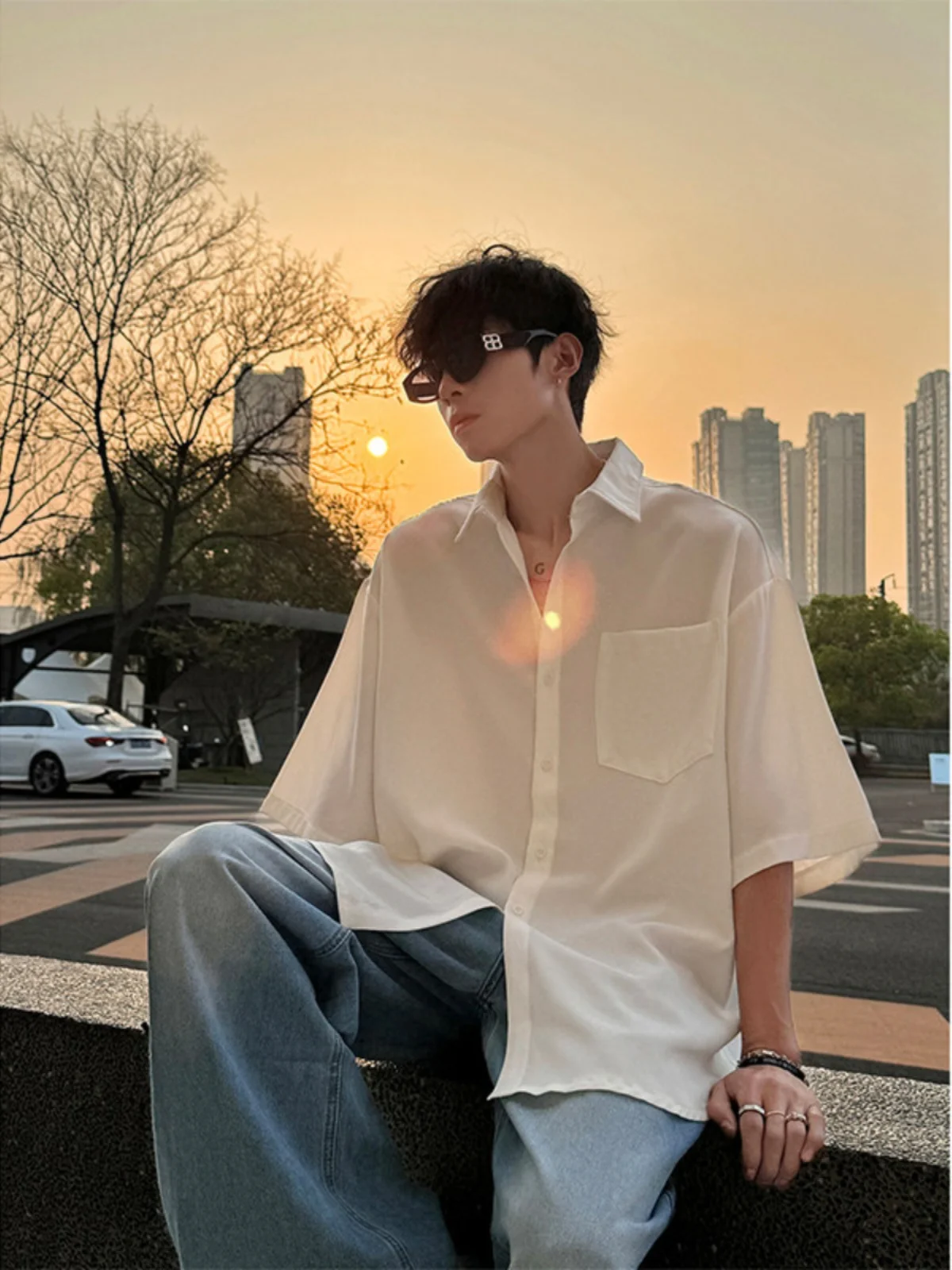 

Cleanfit Ice Silk Triacetate ort Sve White irt Мужская летняя модная брендовая драпировка Haome High-End Drapey irt Свободная посадка Yout...