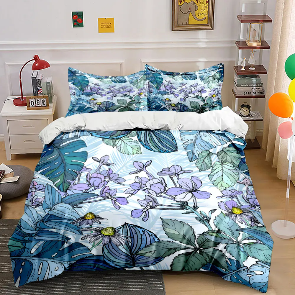 Fresh Forest Theme Tropical Plants Flowers Bedding Set for Kids Luxury Gift 3pcs Digital Print Comforter Set Soft Comfortable