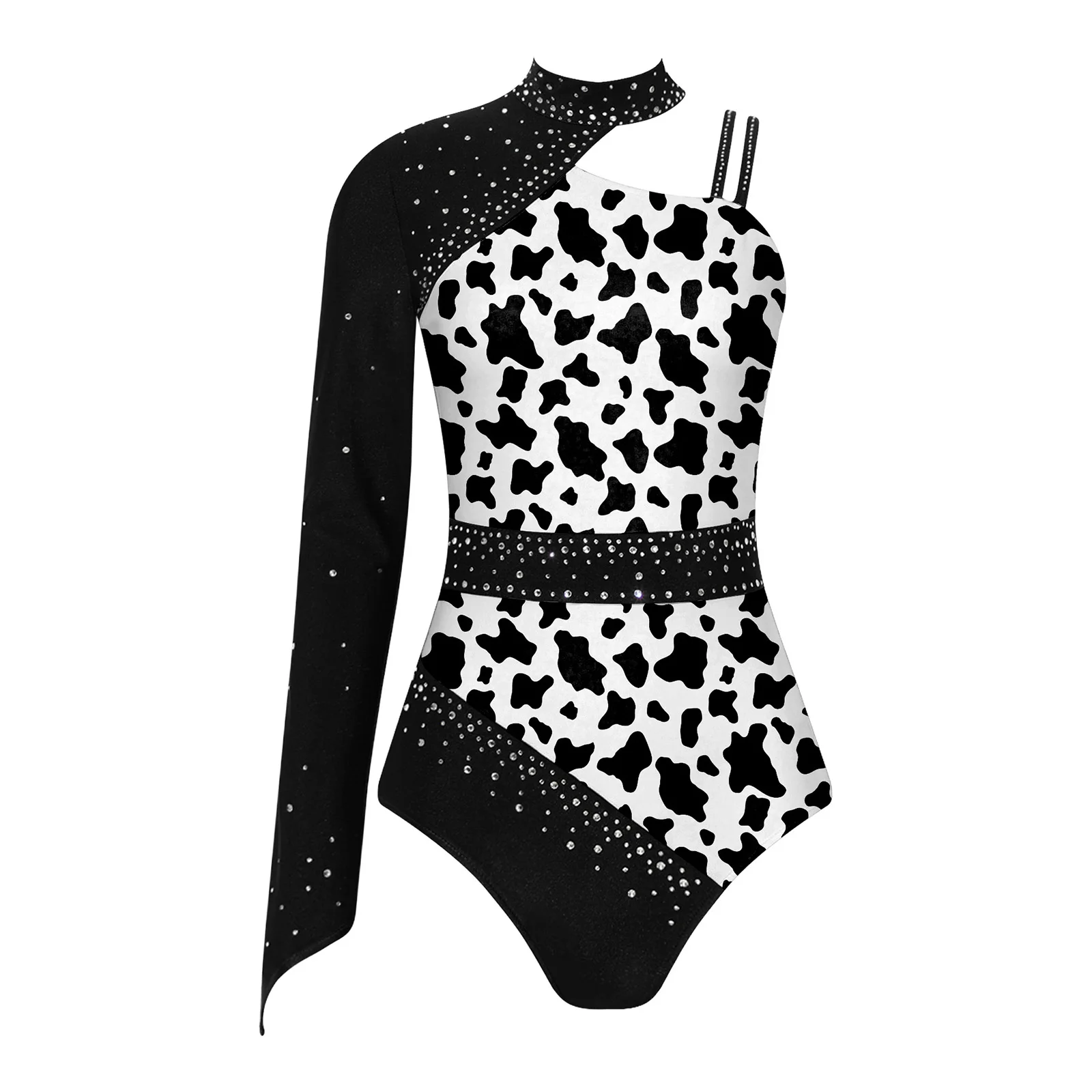 Asymmetrischer, einärmiger, moderner Jazz-Tanzanzug für Damen, Leopardenmuster, Strass, Turnanzug für Wettkämpfe, Jumpsuit – Detail 7