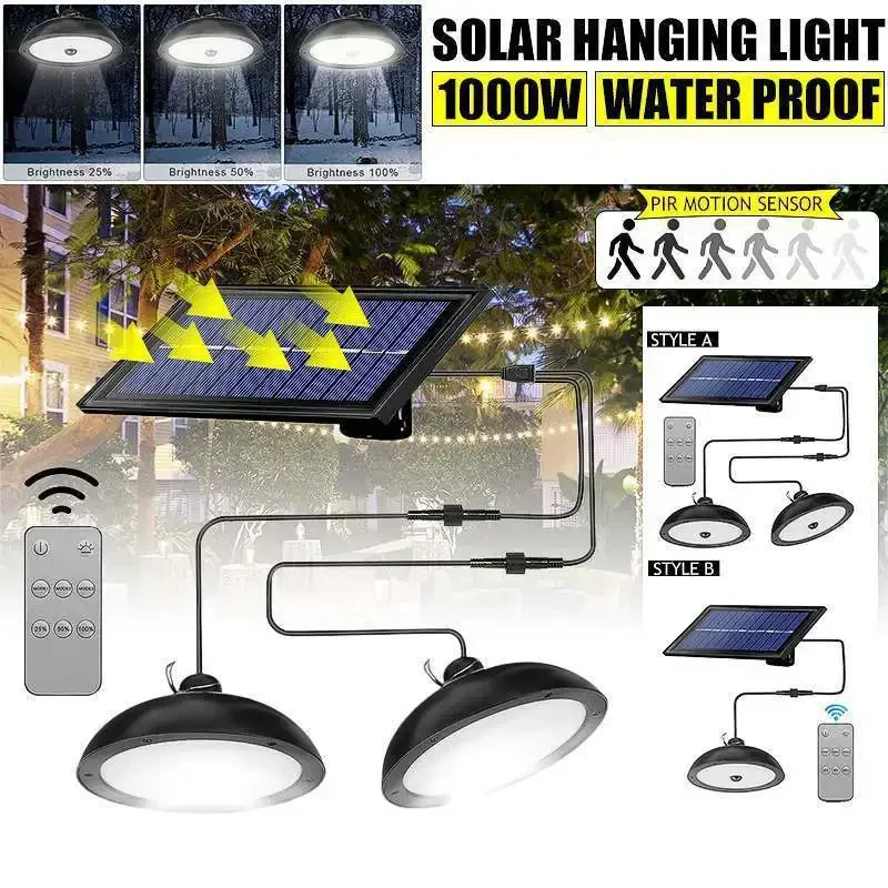 

Solar Pendant Lights Upgraded Double Head With 3m Line IP65 Waterproof Solar Lamp with Remote Controll for Outdoor Shed Indoor