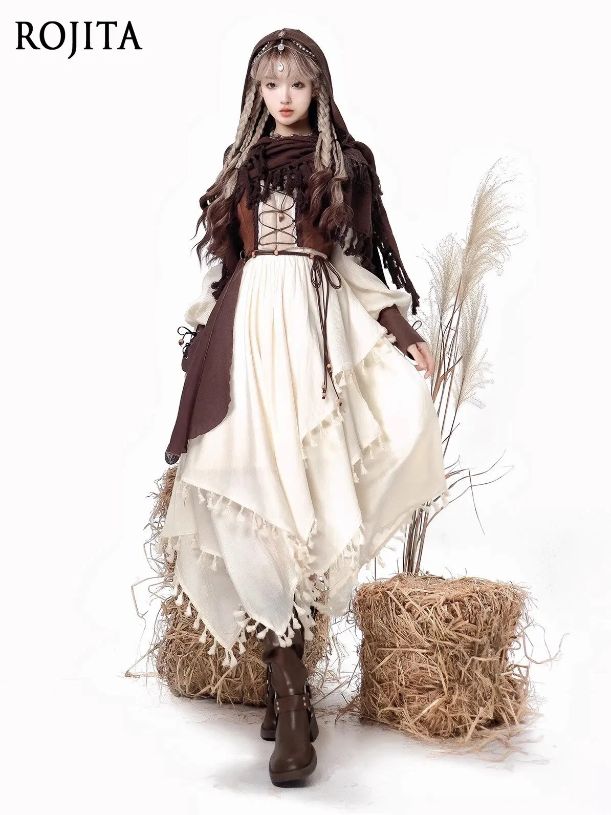 

Women's medieval renaissance dress vintage long sleeve irregular hem maxi dress with vest cosplay costume 3-piece set