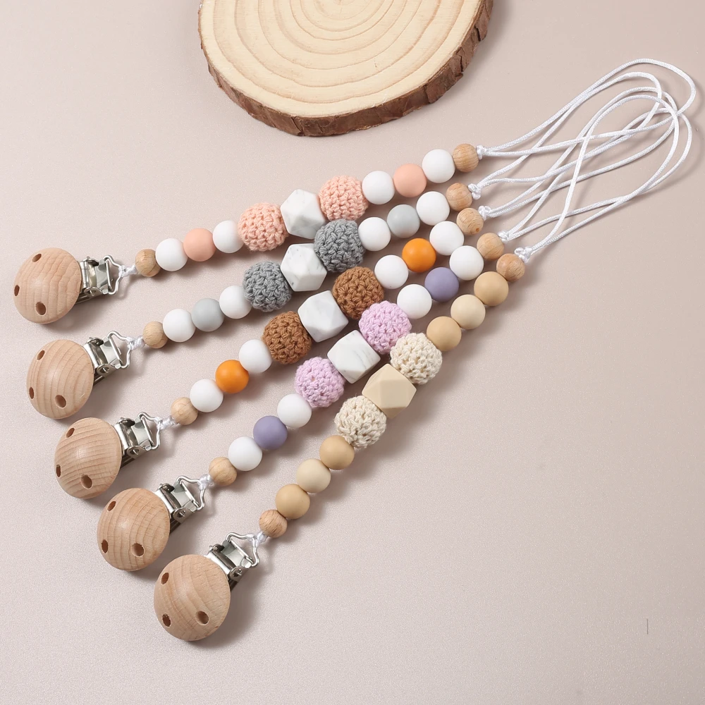 

Beech Wood Dummy Holder Clips Wooden Crochet Ball Silicone Beaded Baby Pacifier Chain Food Grade Appease Nipple Chain Care Toy