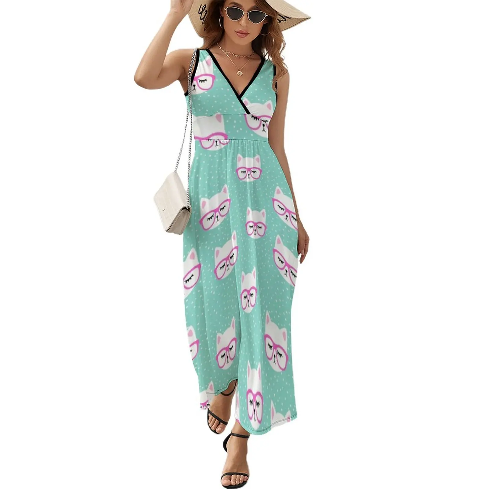 

Cute Cat with Glasses Sleeveless Dress women long dresses loose summer dress dress women summer 2024