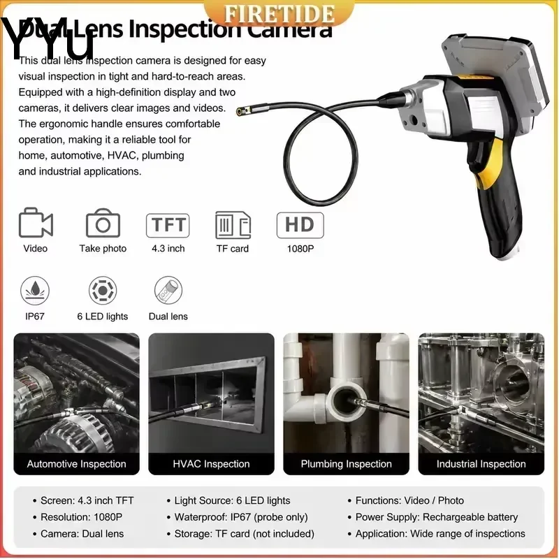 custom for 4.3 Inch 1080P Dual Lens Endoscope Borescope Waterproof Digital Inspection Camera Pipe Sewer Drain Video Recorder