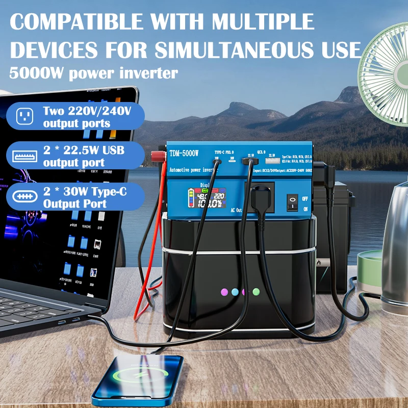 5000W Power Inverter DC 12V to AC 220V 240V Transformer with 2 USB/2 Type-c Charging with LED Display