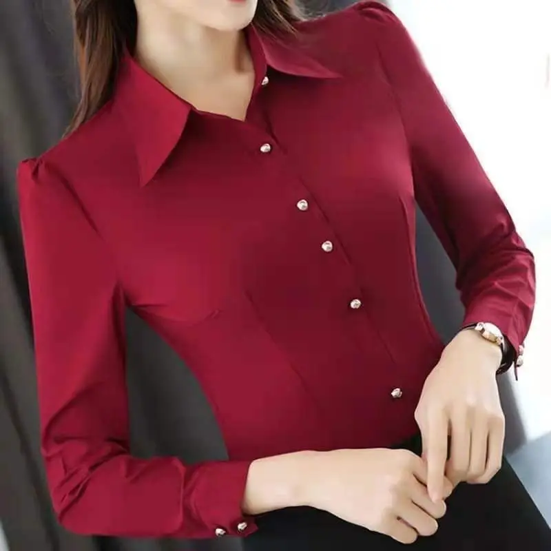 Spring Autumn New Women's Solid Color Polo-Neck Button Fashion Long Sleeve Slim Fit and Versatile Korean Professional Shirt Top