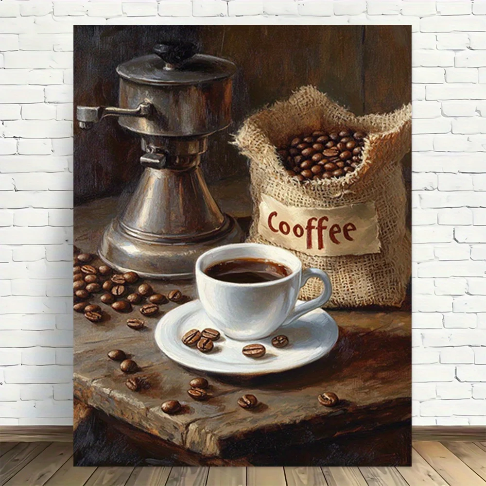 2D Flat, 1pc Vintage Coffee Still Life Canvas Poster - Espresso Grinder & Coffee Cup Art Print - Frameless Kitchen, Living Ro