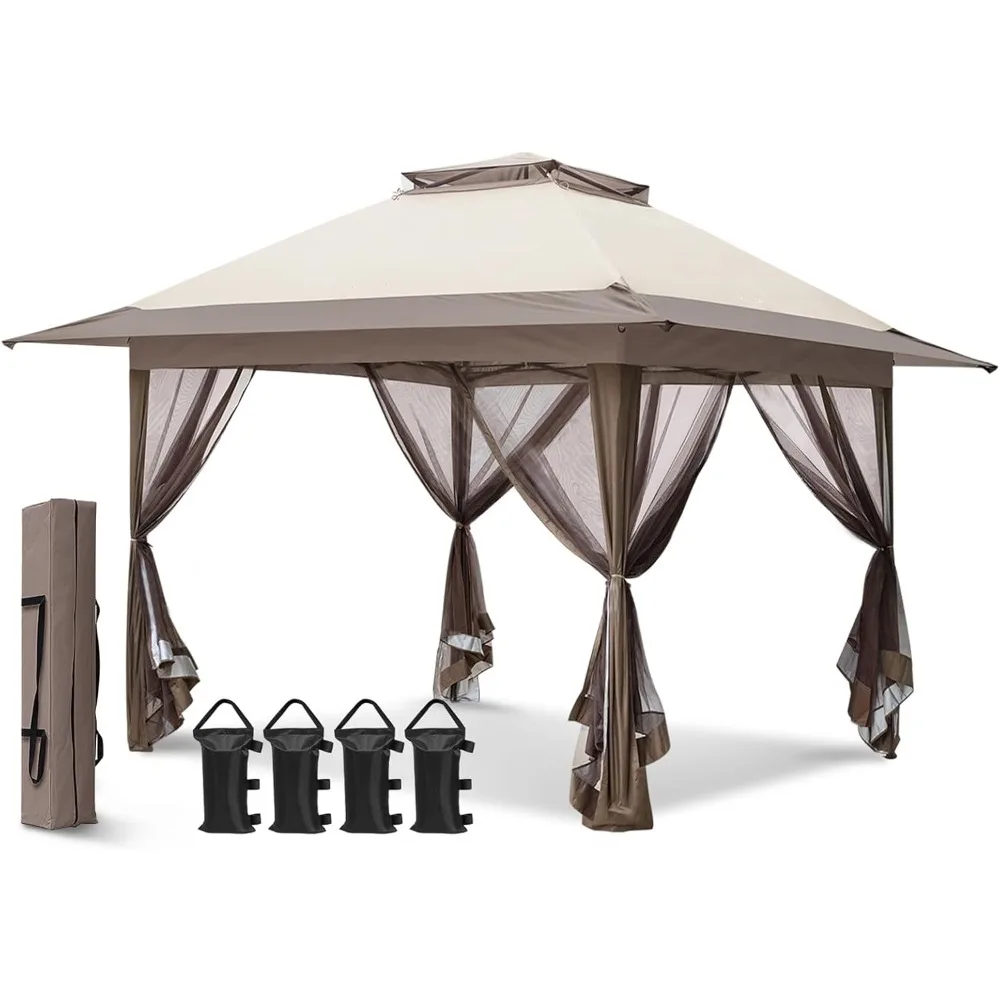 

13x13 Pop Up Gazebo with Mesh Netting, Easy Up Screened Canopy for Patio and Backyard, Easy Set up Outdoor Gazebo (Beige/Brown)