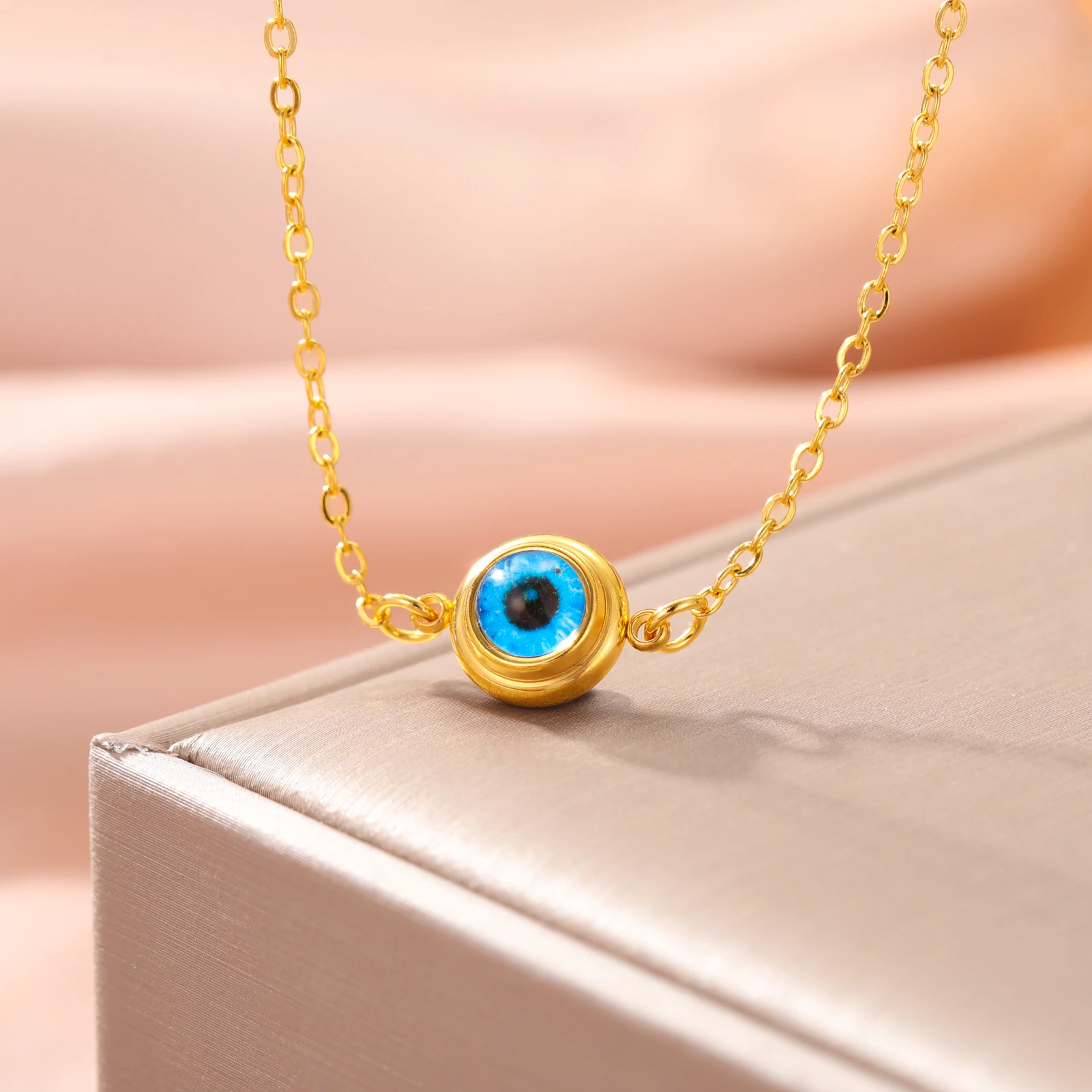 Skyrim Turkish Blue Evil Eye Pendant Necklace Women Stainless Steel Gold Color Neck Chains Choker Amulet Jewelry Valentine Gift