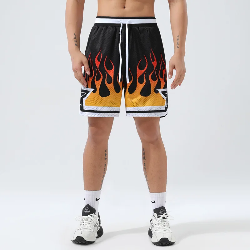 Mens Casual Shorts Mesh Breathable Flame Print Elastic Waist Short Fashion Loose GYM Basketball Sports Pants Unisex Streetwear