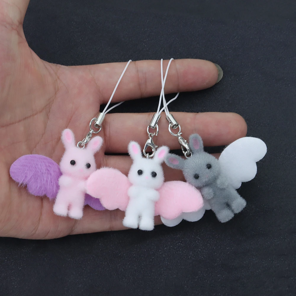 

1pcs Flocking Resin Cute Three-dimensional Rabbit Pendant With Wings For Mobile Phone Bag Car Decoration Accessories