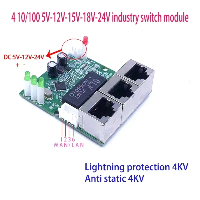 Mini módulo de interruptor industrial pcba, 4 portas, 10/100mbps, 5v, 12v, 15v, 18v, 24v, proteção contra raios, 4kv, antiestático, 4kv