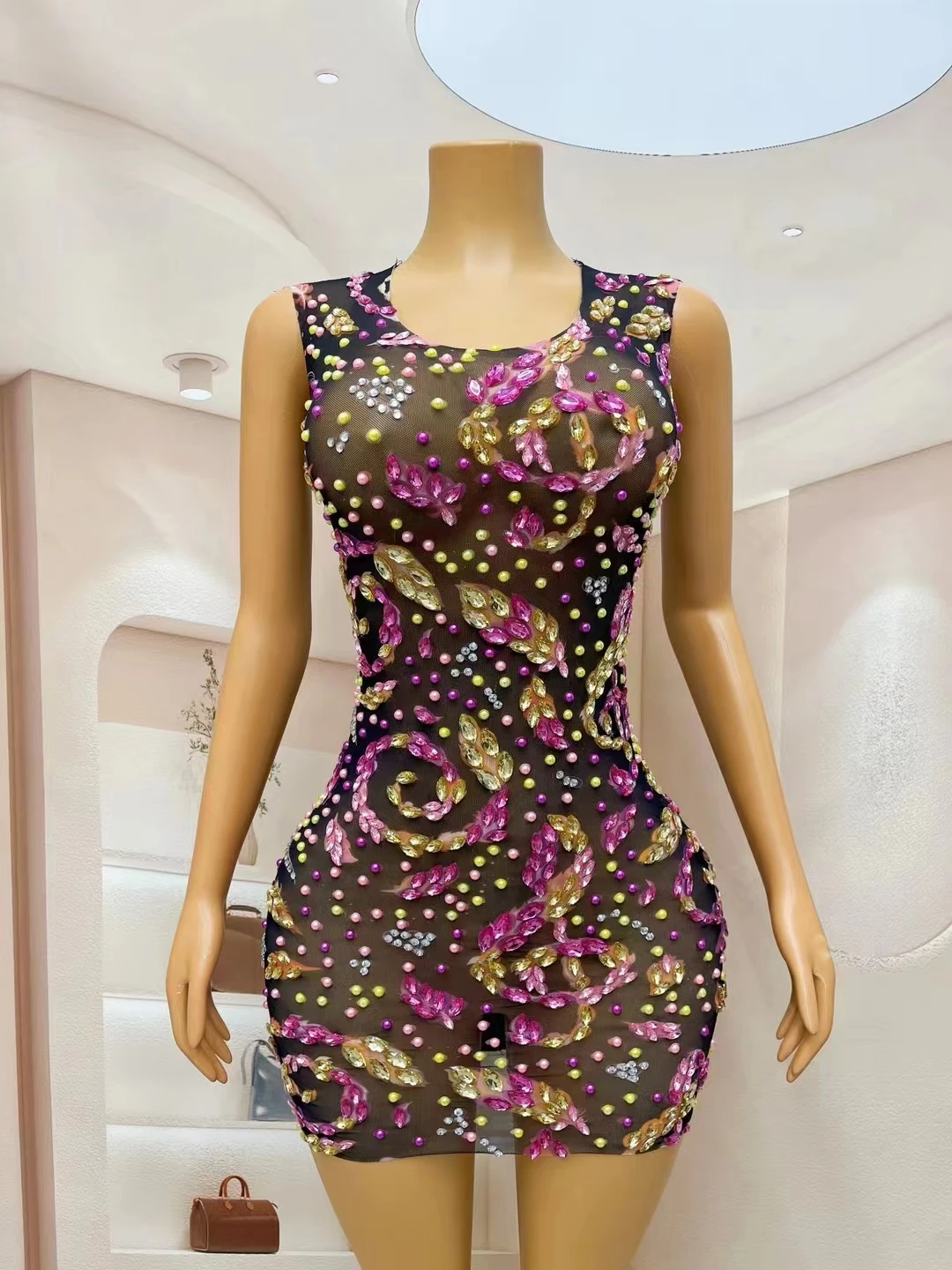 Vestido corto de terciopelo con diamantes de imitación coloridos para mujer, vestido ajustado para fiesta de cumpleaños y celebración de noche, disfraz de escenario actuación